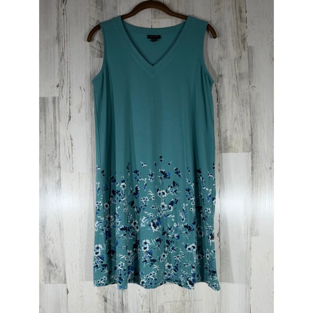 J Jill Wearever Collection Shift Dress Small Petite Teal Floral V Neck‎